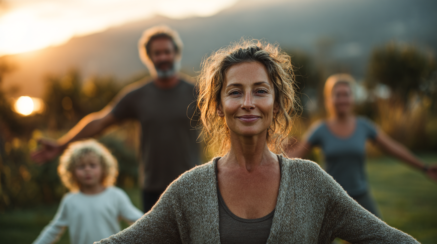 Щаслива здорова родина займається йогою на природі